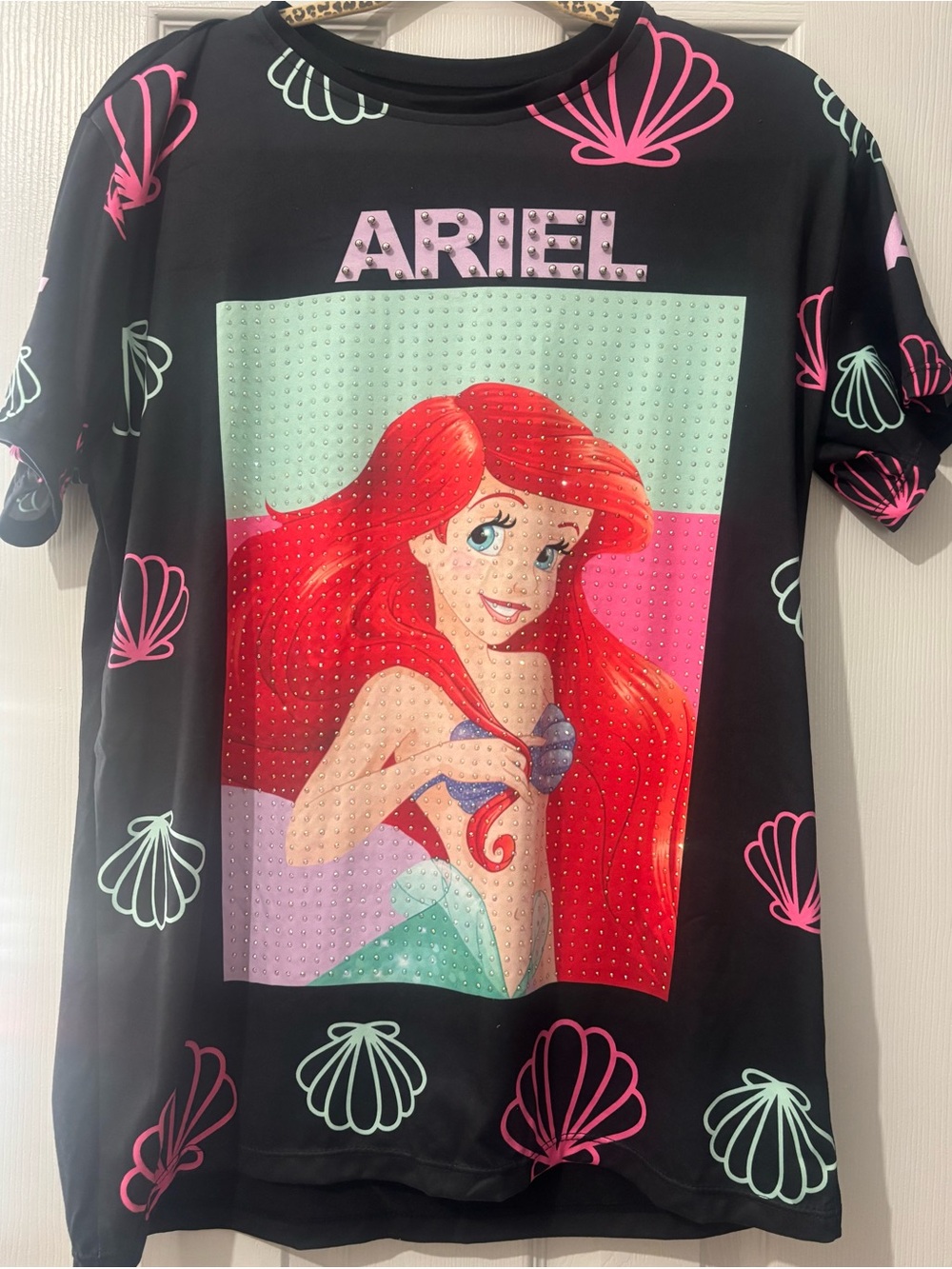 Disney Black Tee with Ariel Graphic in Red, Pink and Mint
